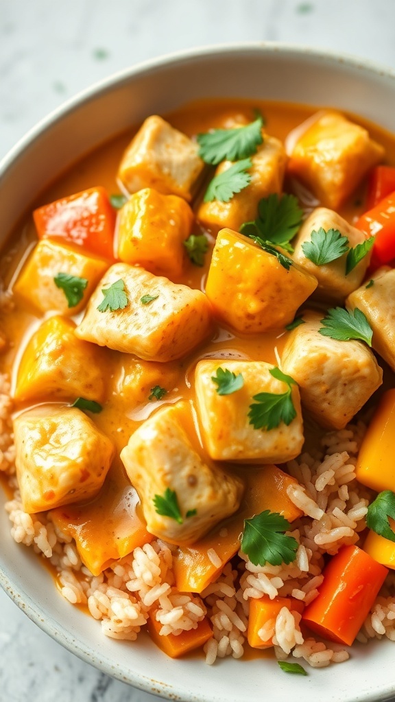 A bowl of low-fat chicken curry with cilantro, served over brown rice with vegetables.